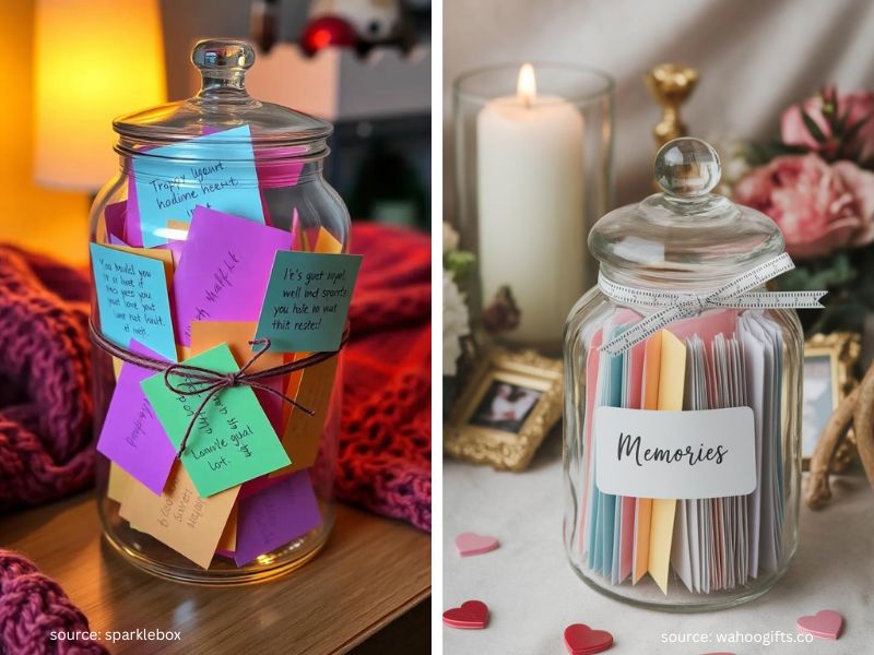 Glass memory jar filled with handwritten notes and decorated with a simple Christmas tag