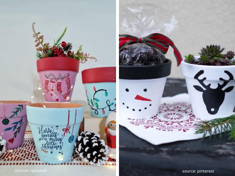 Hand-painted terracotta plant pot with a small green plant prepared as a Christmas gift