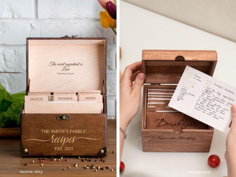 Handmade recipe card box filled with handwritten family recipes as a Christmas gift
