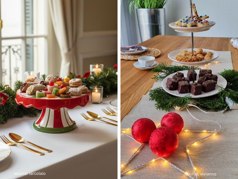 Cake stand holding Christmas cookies as part of a festive table setting.