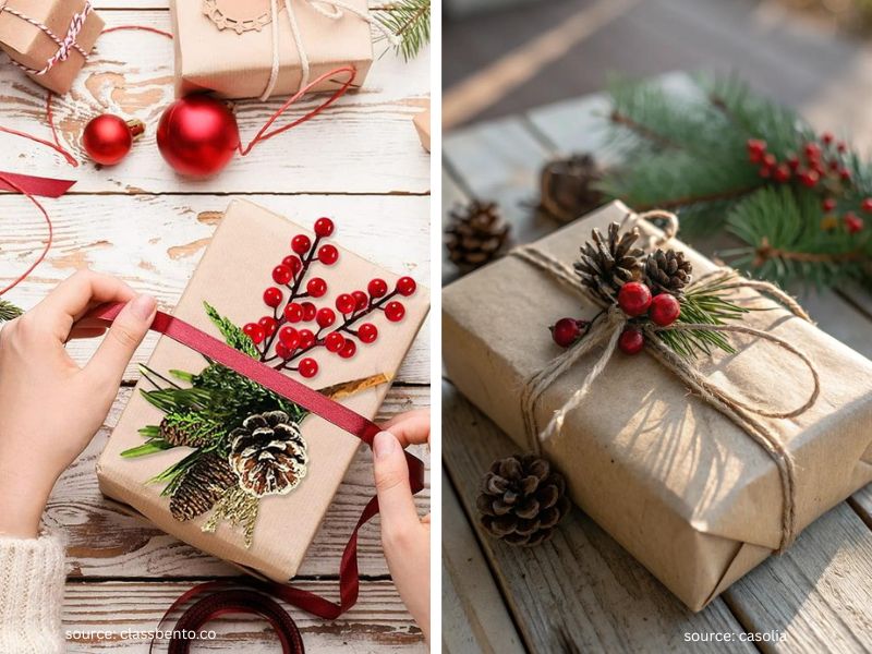 Kraft paper Christmas gift decorated with pinecones, berries, greenery, and ribbon