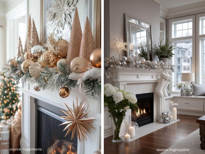 Gold and silver Christmas ornaments tucked into a mantel garland for a subtle festive sparkle.