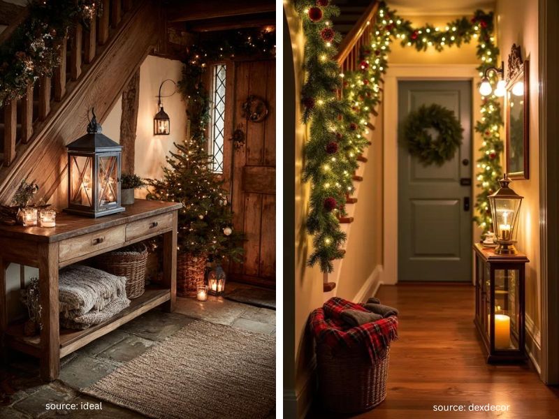 Cozy Christmas entryway decor with candles, warm white lights, and greenery creating a soft glow