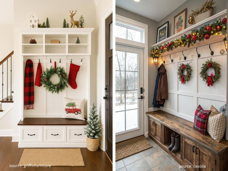 Christmas greenery and decorations arranged around coat hooks in a functional entryway