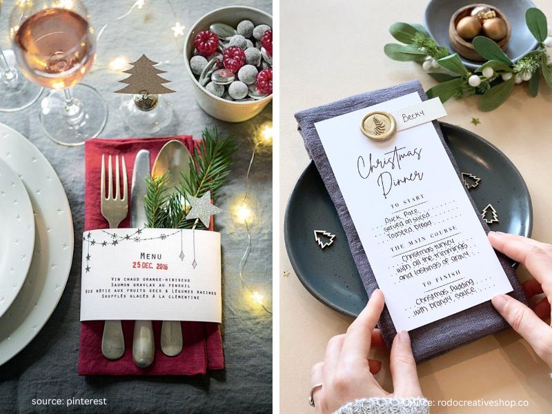 Festive Christmas menu card placed beside a dinner plate.