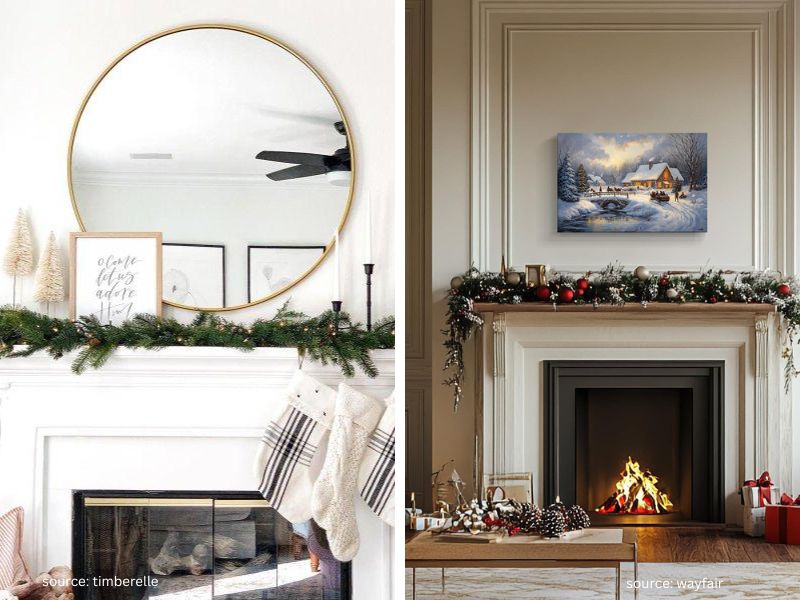 Christmas mantel with a large mirror above a garland and neutral holiday decorations.