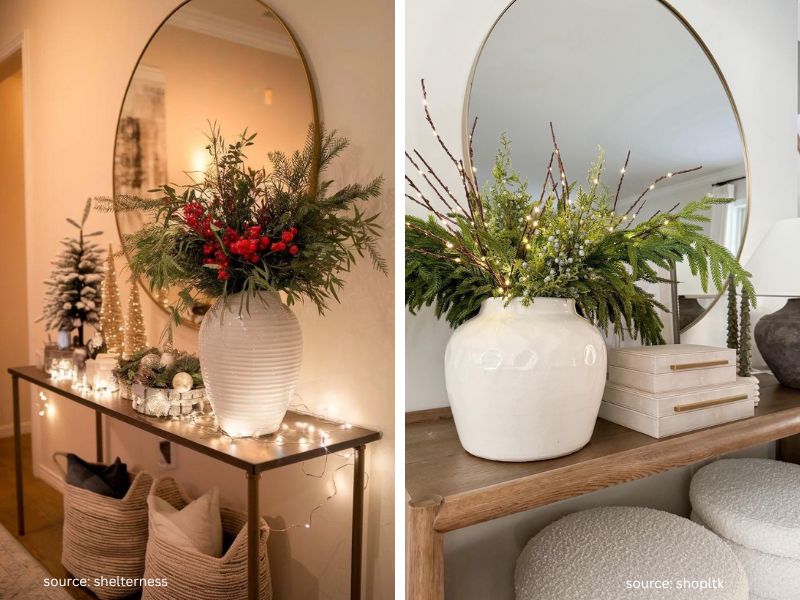 Evergreen branches arranged in a vase on a Christmas entryway decor console table