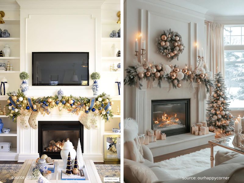 Christmas mantel decorated with blue and gold accents for a soft, elegant holiday look.