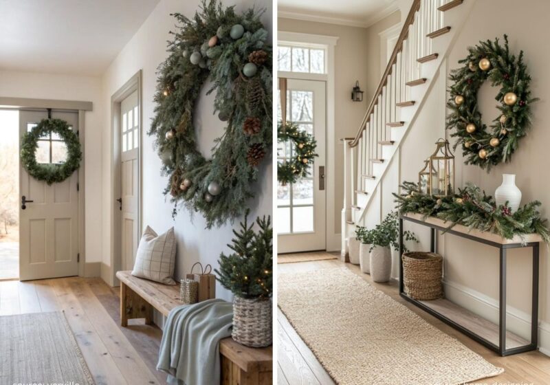 Cozy Christmas entryway with a wreath, greenery, warm lighting, and festive decorations