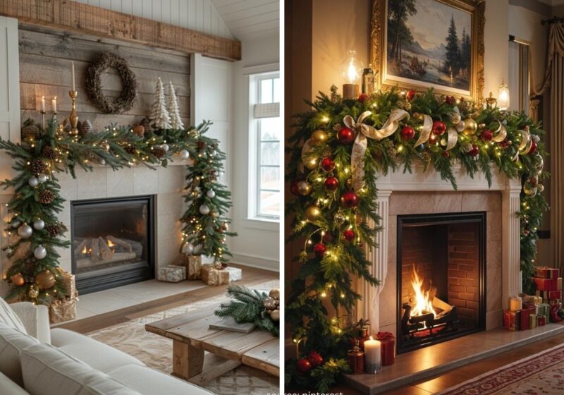Christmas mantel decor ideas with a lush garland, warm string lights, and candles creating a cozy holiday fireplace display.