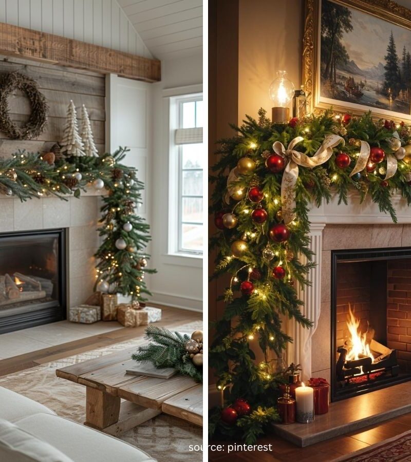 Christmas mantel decor ideas with a lush garland, warm string lights, and candles creating a cozy holiday fireplace display.