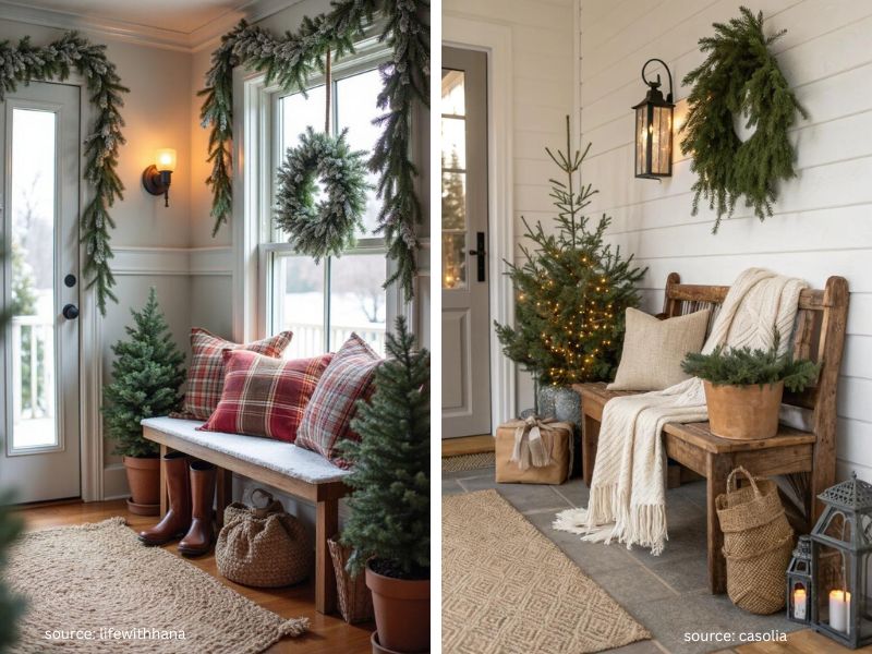 Plaid Christmas throw folded over a wooden entryway bench with festive greenery
