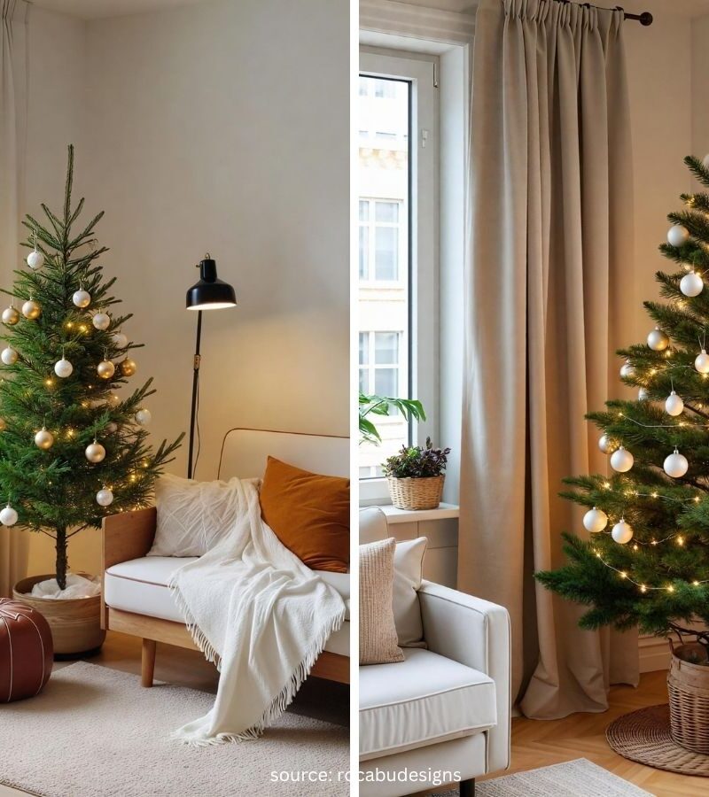 Cozy small living room decorated for Christmas with a slim tree and warm lights
