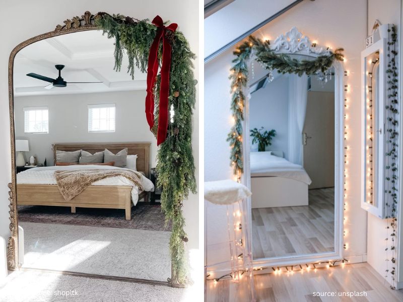 Bedroom mirror decorated with simple Christmas greenery