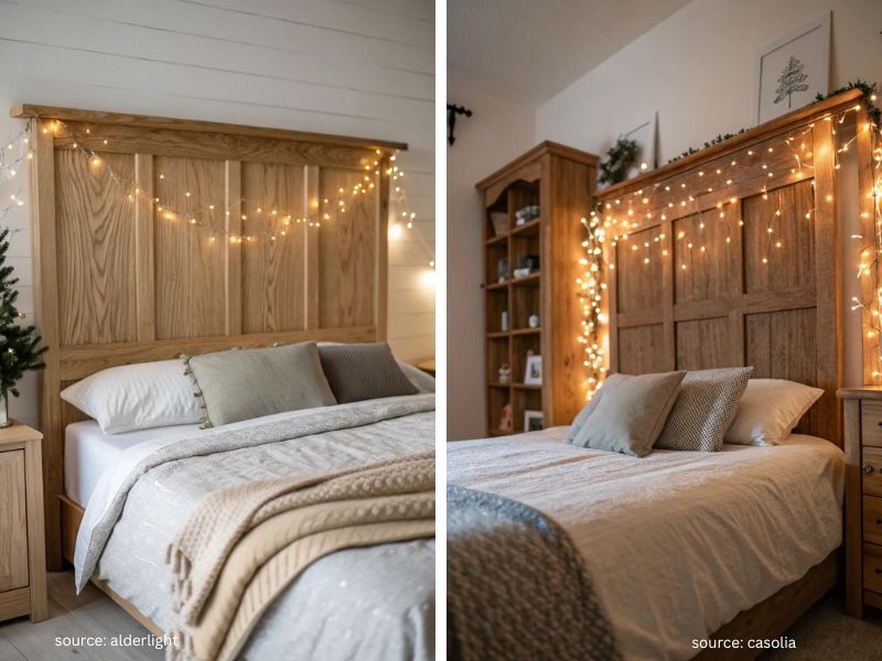 Warm white Christmas lights draped around a bedroom headboard