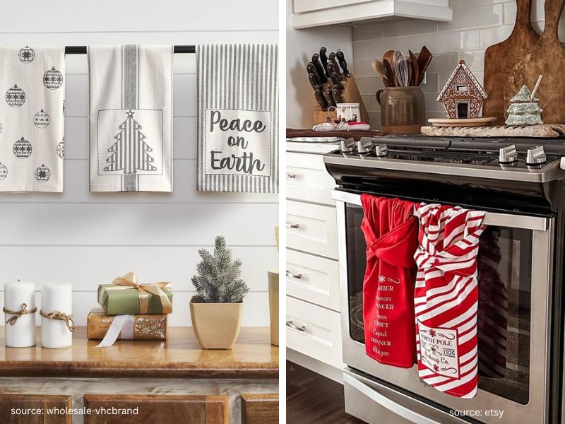 Festive red and green Christmas dish towels hanging in a cozy kitchen
