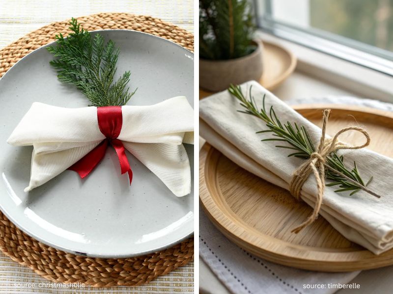 Simple Christmas napkin fold tied with twine and a sprig of greenery.
