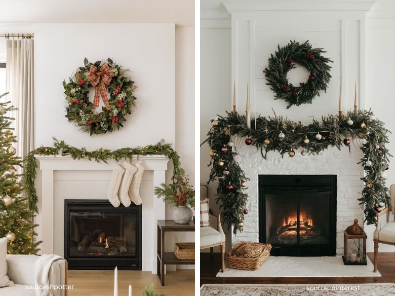 Christmas wreath hanging above a mantel decorated with a natural evergreen garland.