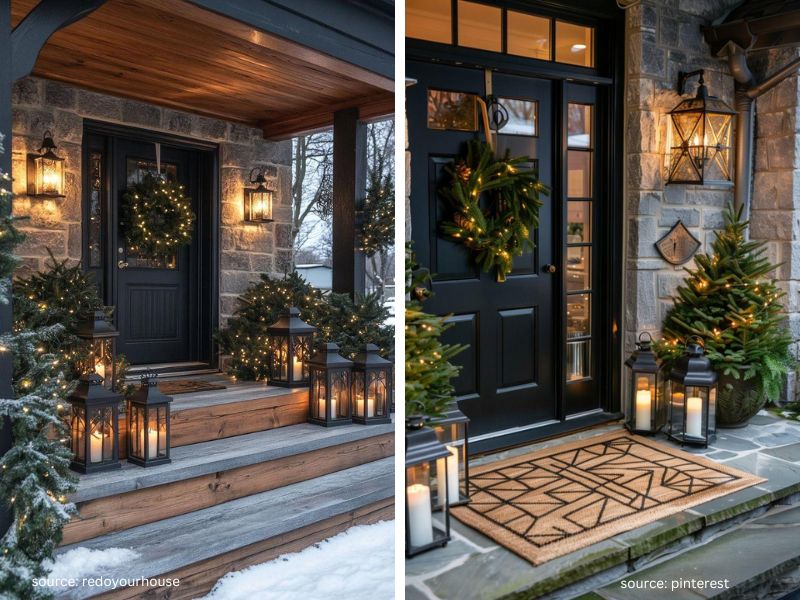 Christmas lanterns with warm lights flanking a front door decorated with a wreath and greenery