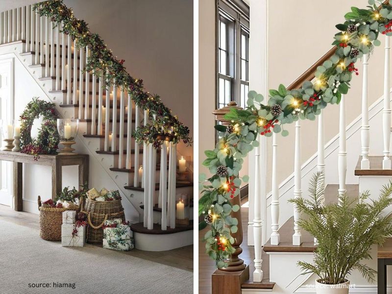 Christmas garland draped along a staircase banister with greenery and warm lights