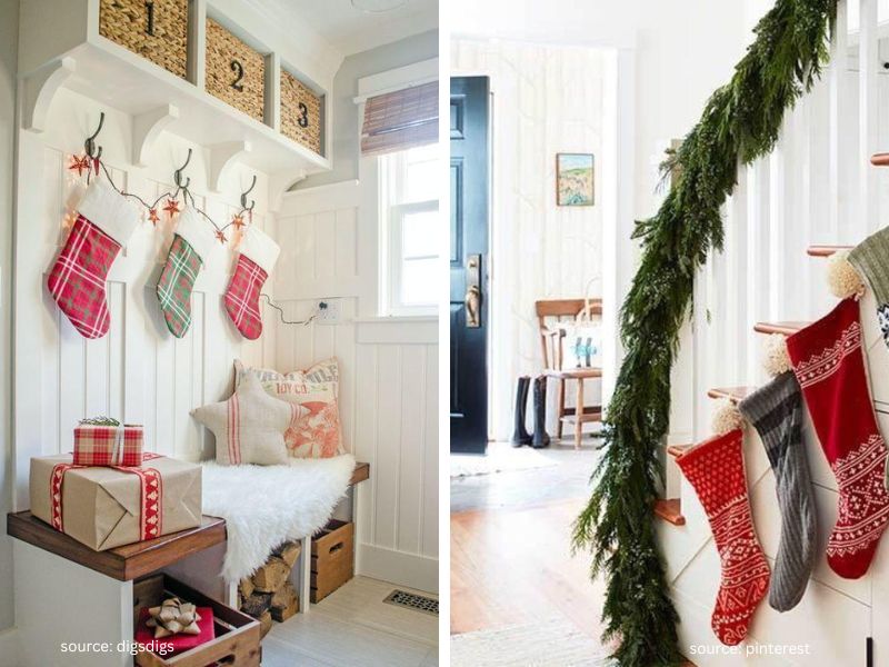 Christmas stockings hanging from entryway coat hooks alongside everyday coats and accessories