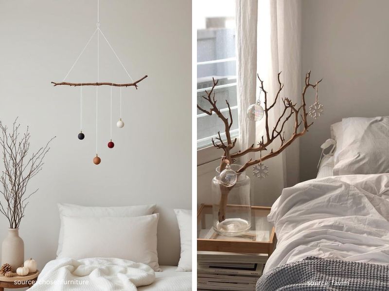 Christmas ornaments displayed on a bedroom dresser with simple seasonal decor
