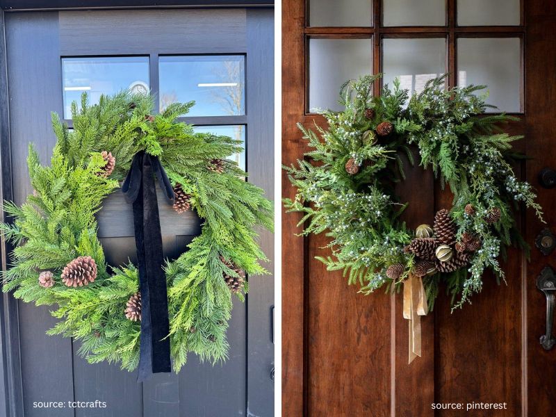 Natural Christmas wreath with greenery, pinecones, and a velvet ribbon on a front door