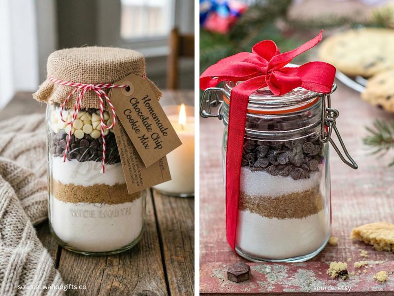 Layered cookie mix in a mason jar with a handwritten baking instruction tag for Christmas