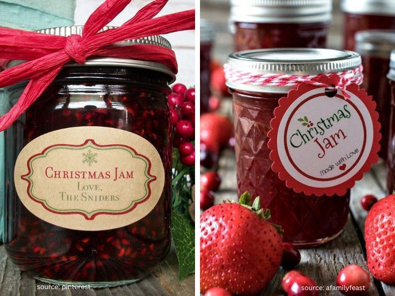 Small jars of homemade jam decorated with Christmas ribbons and handwritten gift labels