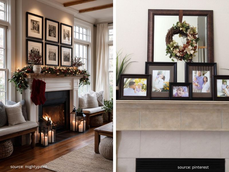 Christmas mantel with a framed family photo tucked into festive greenery.