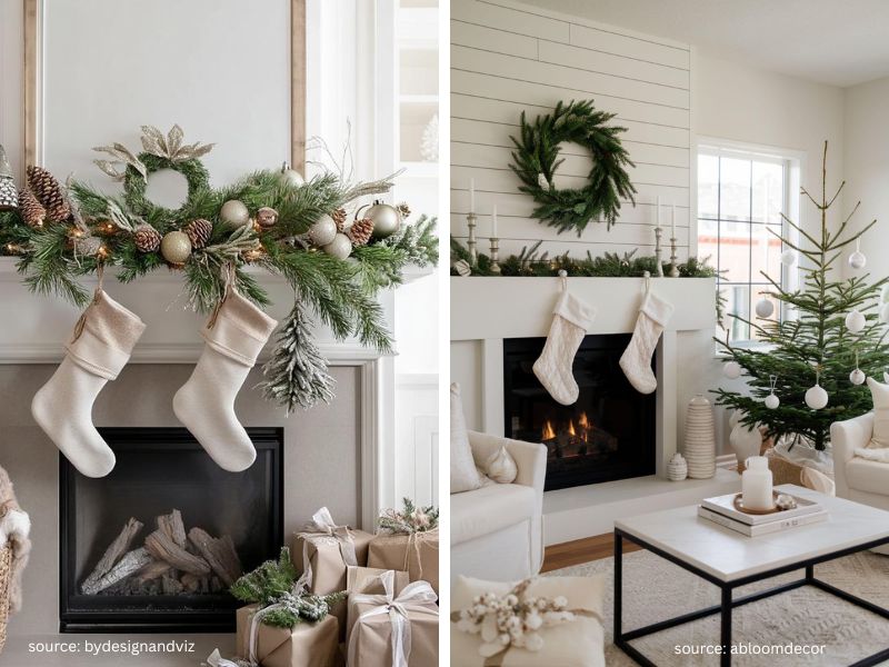 Neutral Christmas mantel with cream stockings, greenery, and simple decorations that transition through winter.