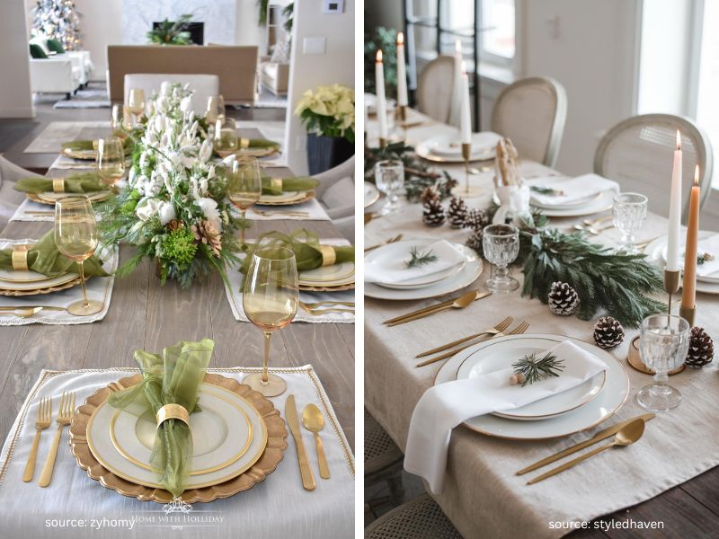 Green, cream, and gold Christmas table setting with simple coordinated decor.