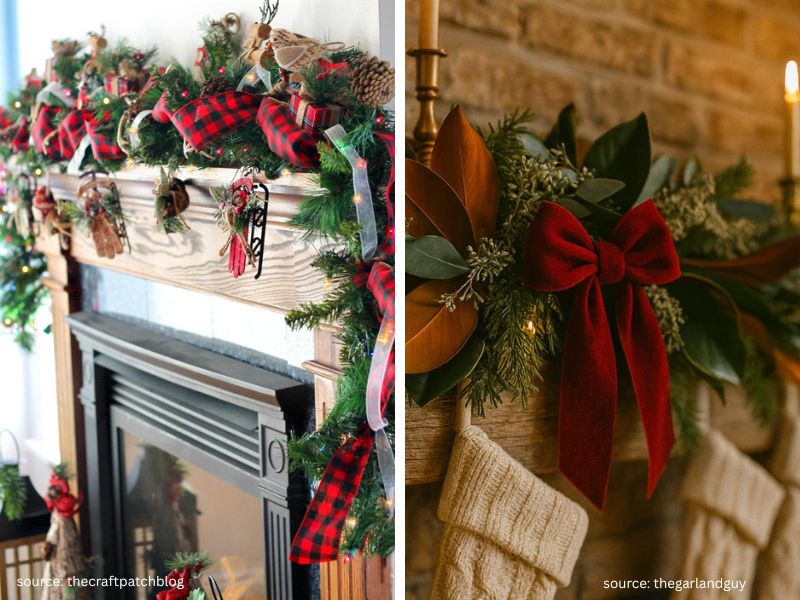Plaid Christmas ribbon woven loosely through a festive mantel garland.