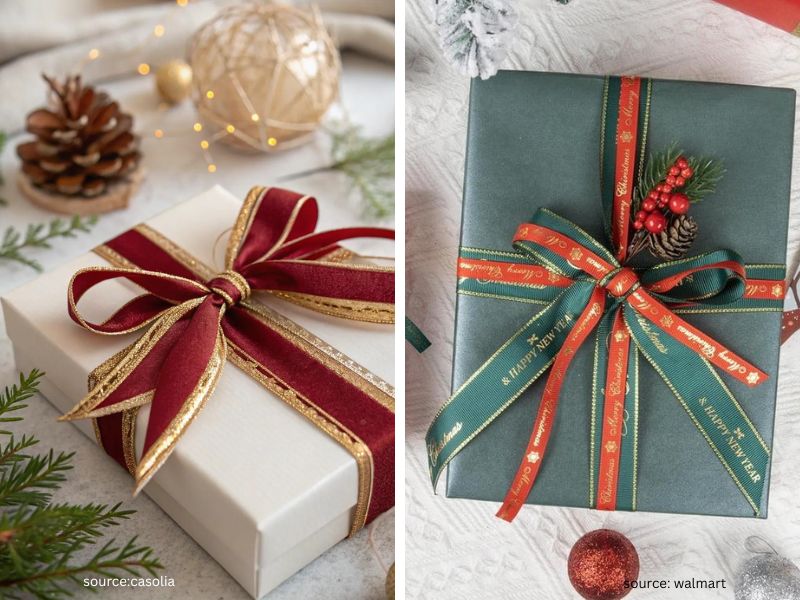Christmas gift wrapped with a wide ribbon layered with a thinner ribbon and finished with a bow
