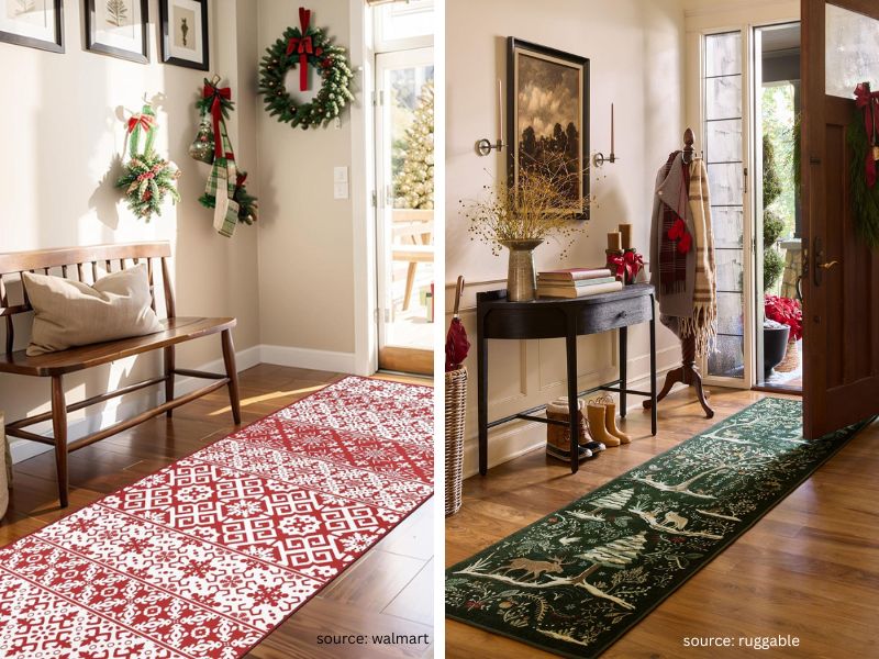 Cozy Christmas entryway decor with a patterned runner rug, greenery, and festive decorations