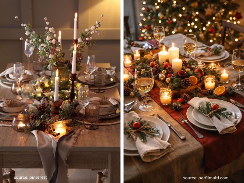 Candlelit Christmas dinner table creating a warm and cozy atmosphere.