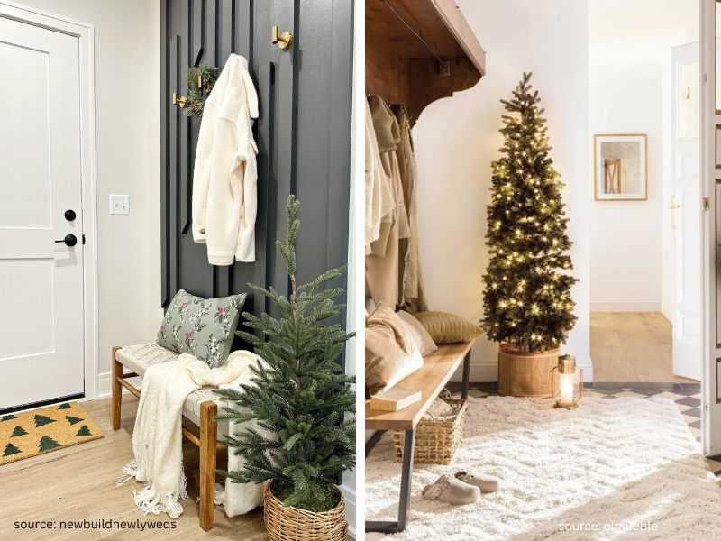Small decorated Christmas tree with warm lights beside an entryway console table