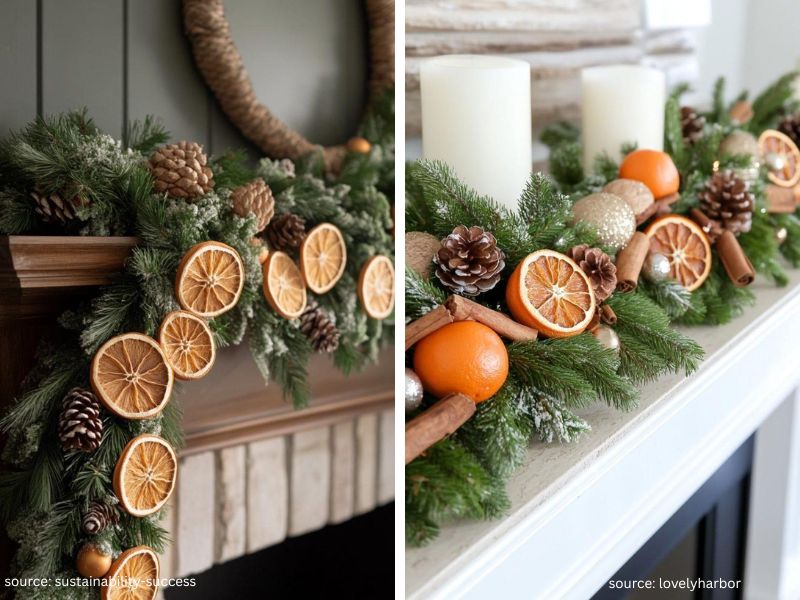 Natural Christmas mantel decorations with pinecones, dried orange slices, and evergreen branches.