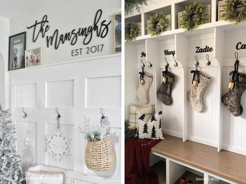 Personalized Christmas decorations and family touches displayed in a cozy entryway