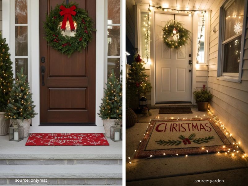 Christmas doormat layered with a rug outside a front door decorated with a wreath