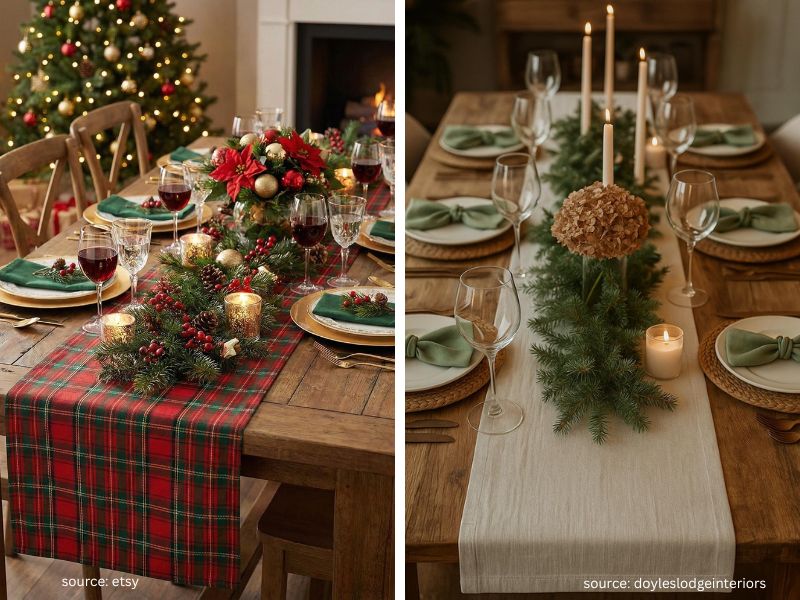 Simple Christmas table setting with a neutral table runner and greenery.