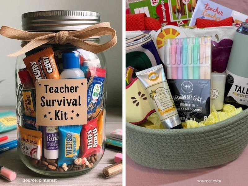 Teacher desk survival kit with snacks, tea, hand sanitizer, and small treats