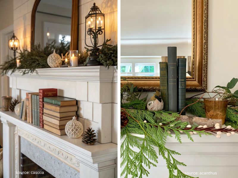Christmas mantel styled with everyday vases, books, and simple holiday greenery.