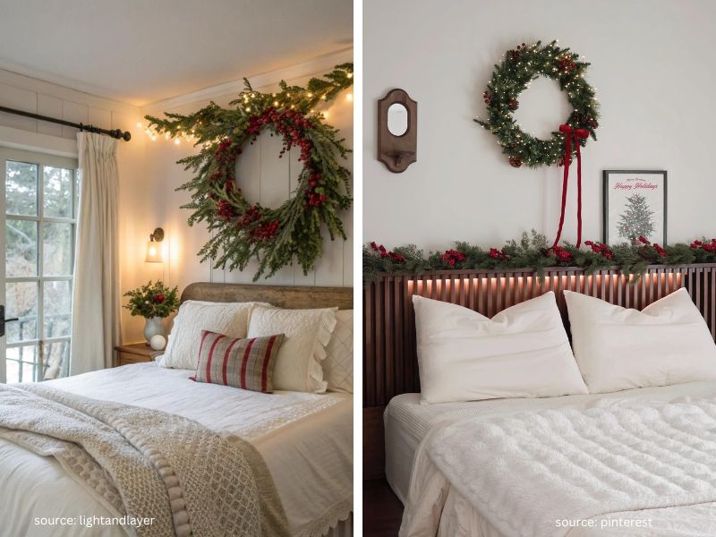 Simple evergreen Christmas wreath hanging above a bedroom headboard