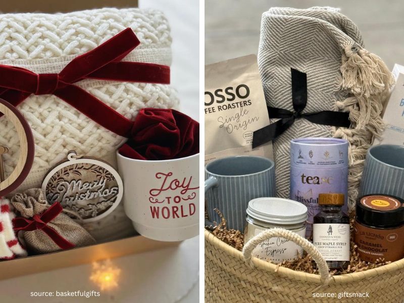 Cozy Christmas morning gift basket for Mom with a mug, blanket, candle, and treats