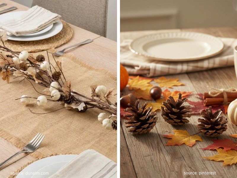 Autumn leaves and pinecones arranged with greenery for a natural Thanksgiving table centrepiece