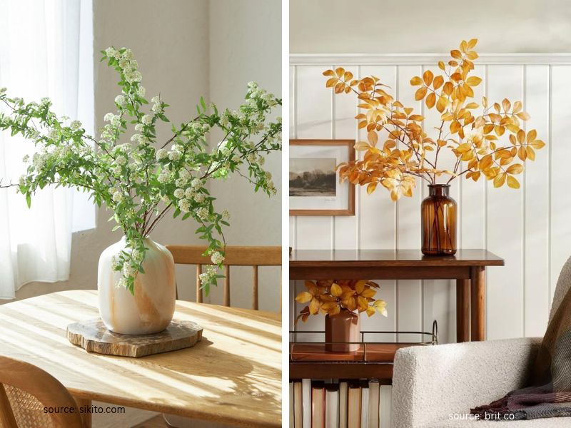 Natural branches arranged in a ceramic vase as a simple autumn decoration.