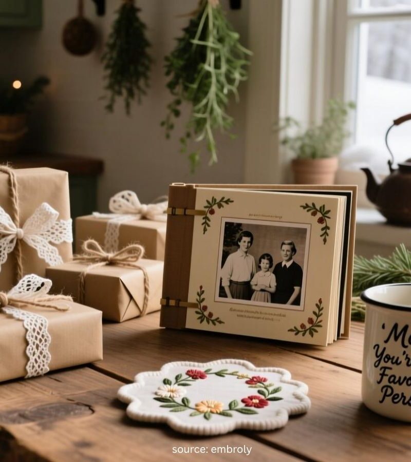 Thoughtful Christmas gifts for Mom including a journal, candle, wrapped presents, and gift basket