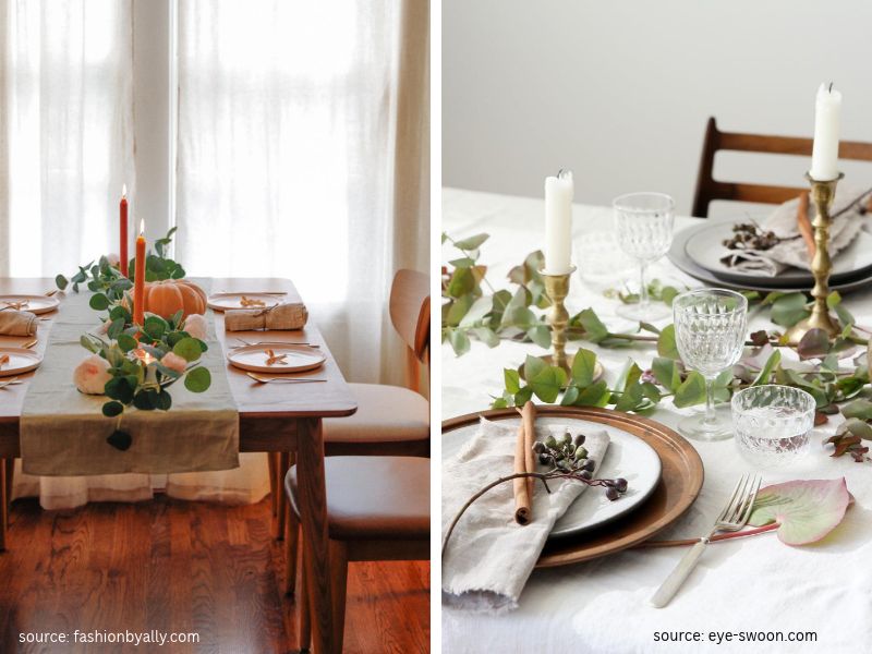 Simple Thanksgiving table with a low greenery centrepiece and plenty of space for serving dishes
