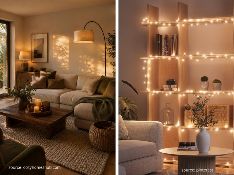 Cosy living room illuminated by warm table lamps and soft ambient lighting.